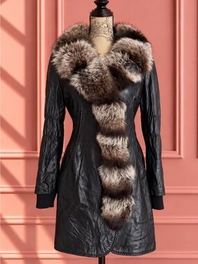 Vintage Genuine Sheepskin Leather Fox Fur Coat Black Statement Size 38
